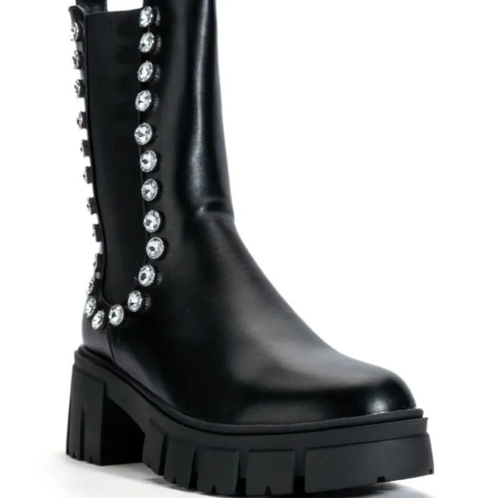 Miz Rhinestone Flat Platform Chelsea Black Pull On Boot 8.5 - Picture 5 of 5